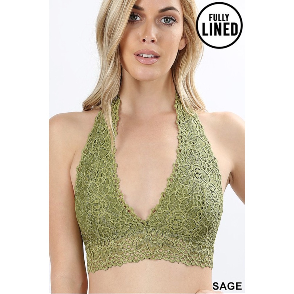 ZOE LACE HALTER BRALETTE IN SAGE